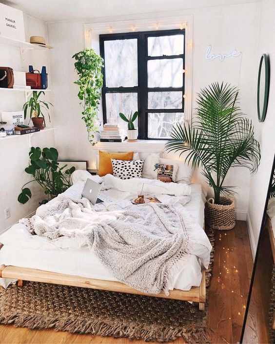 Slaapkamer met planten en accessoires
